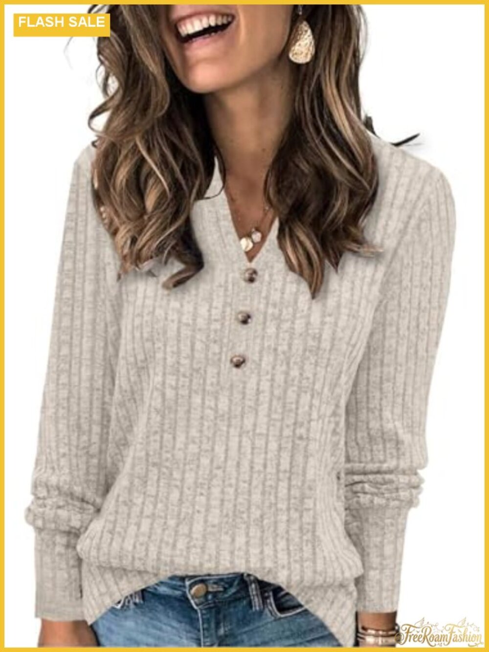 Womens Henley Neck Long Sleeve Pullover Sweater Striped Loose Fit Fall Top